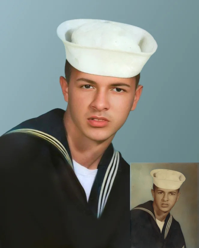 Before and after comparison of a digitally restored photograph